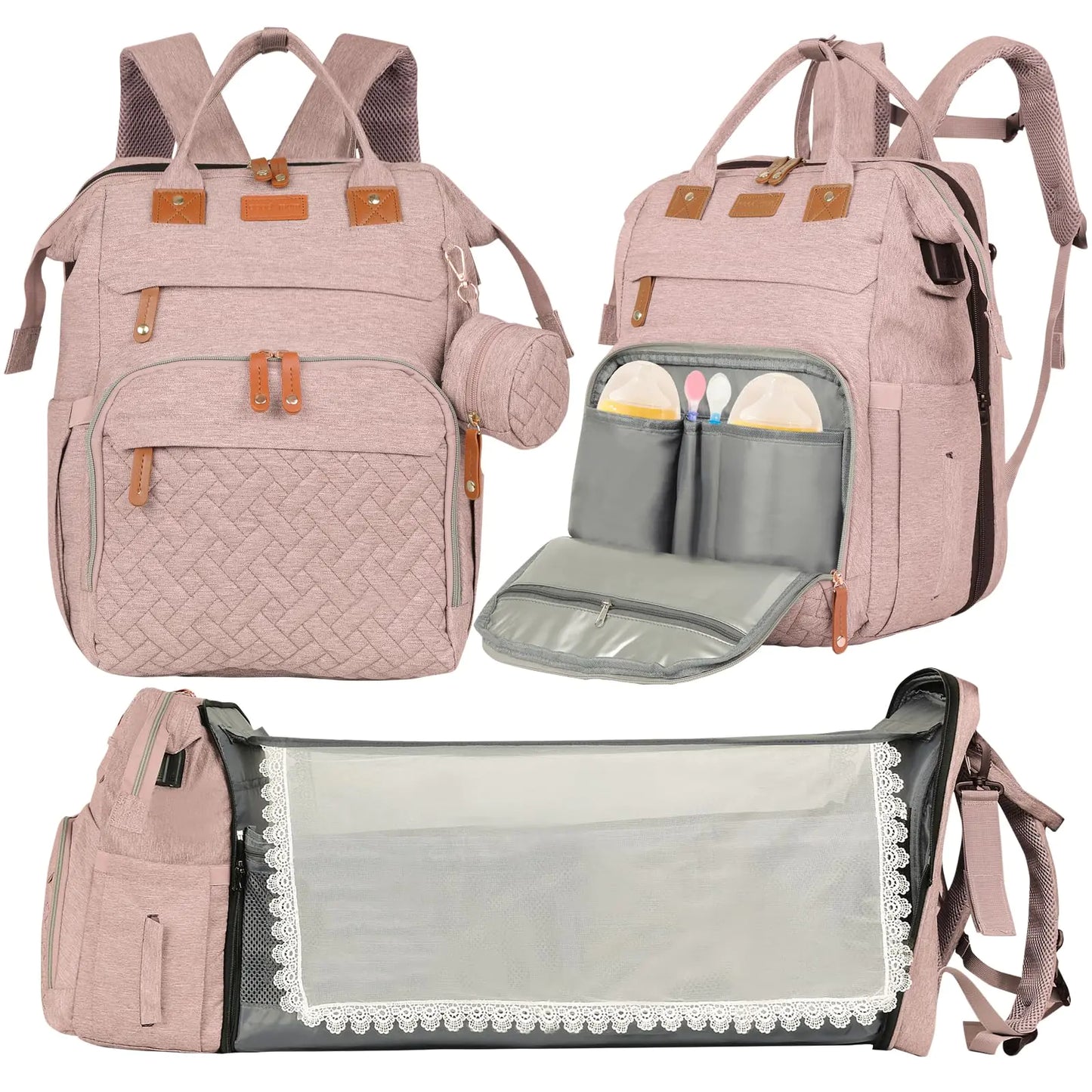All-in-One Pink Diaper Backpack with USB Port